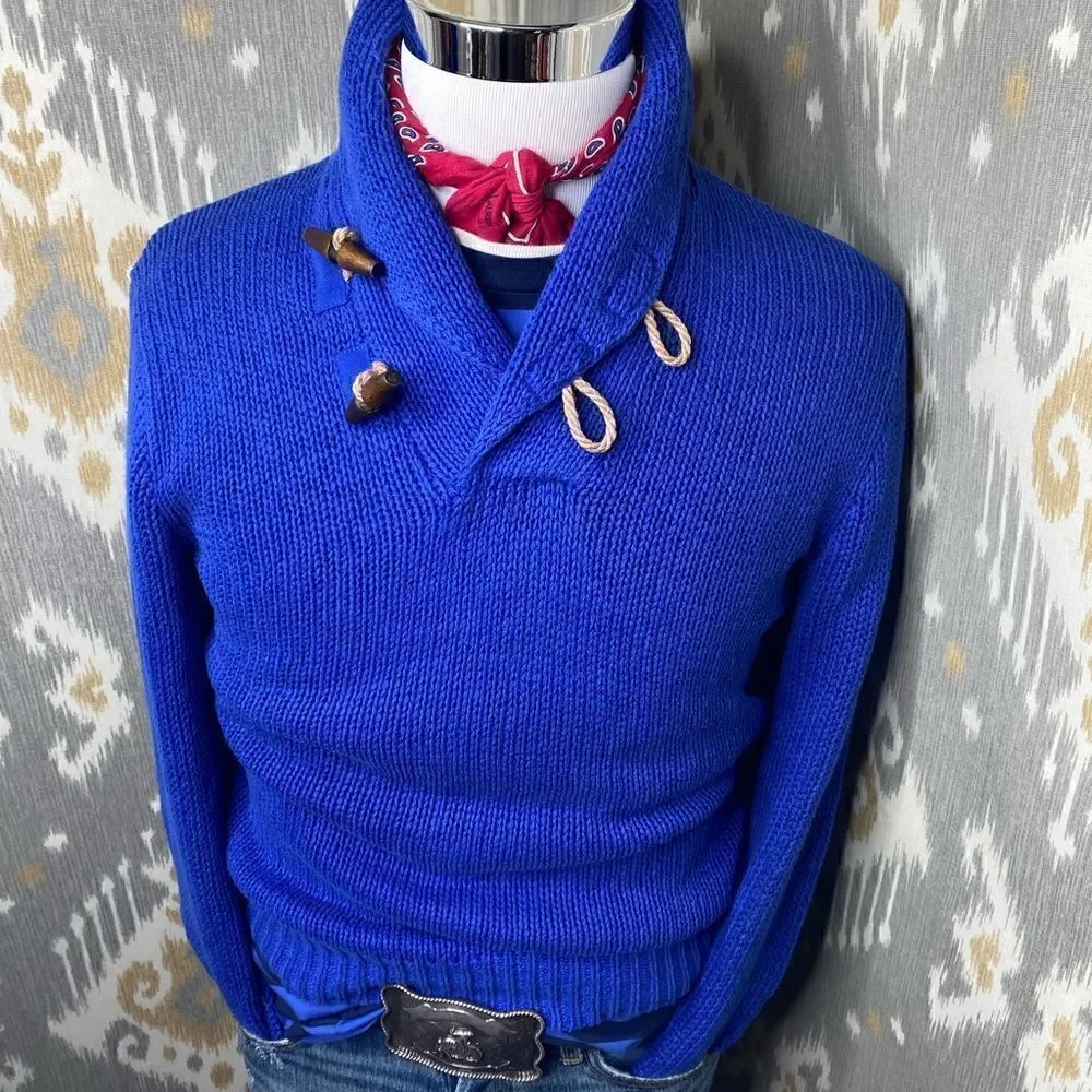 Polo Ralph Lauren Yacht Blue Linen Cotton Blend Toggle Shawl Collar L/S Sweater